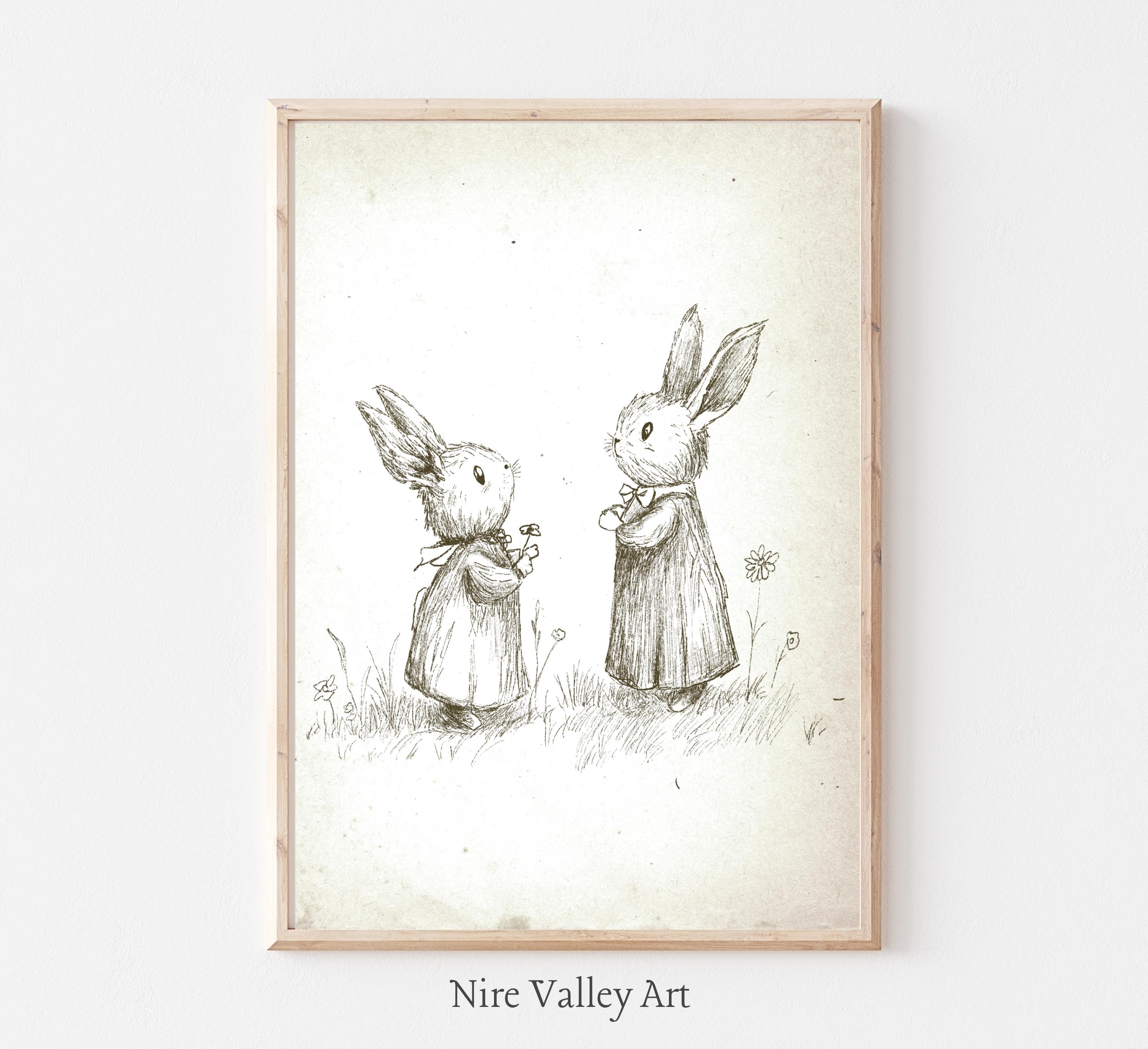 Vintage Nursery Bunny Rabbit Sketch, Gender Neutral Wall Art Printable, Vintage Illustration, Baby Room Decor, Toddler Bunny Printable