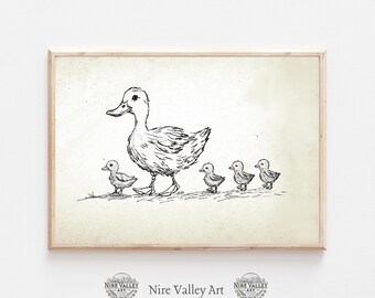 Vintage Ducks in a row  Print, Nursery Gallery Wall Printable, Gender Neutral Sketch , Farmhouse Nursery Illustration, Baby Room Decor