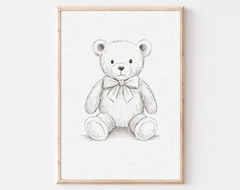 Black And White Teddy Bear Print, Vintage Nursery Wall Art, Sketch Teddy Poster, Baby Room Decor, Gender Neutral Bear Drawing