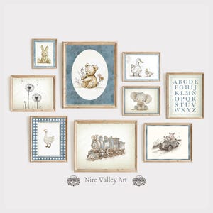 Vintage Nursery Blue Prints, Set of 9 Vintage Gallery Wall Printables, Neutral Baby room Art, Digital Download