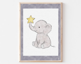 Arte de pared de elefante para guardería, impresión de elefante bebé, decoración de animales de safari, ilustración de elefante adorable, póster para habitación infantil de género neutro