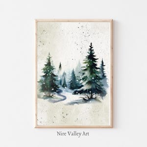 Decoración navideña vintage imprimible, arte de árbol de Navidad, bosque nevado, acuarela, arte de pared, decoración navideña, arte de pared de invierno, descarga digital, impresión