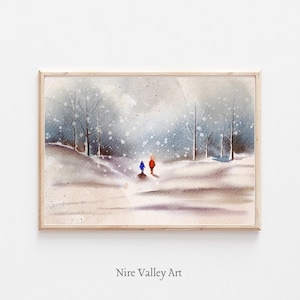 Impresión de paisaje nevado de invierno vintage, pintura de acuarela vintage, galería de pared navideña, arte de pared imprimible neutro, descarga digital