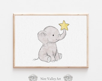 Arte de pared de elefante para guardería, impresión de elefante bebé, decoración de animales de safari, ilustración de elefante adorable, póster para habitación infantil de género neutro
