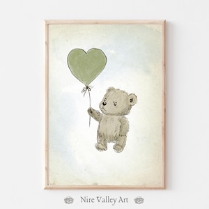 Vintage Teddy Bear Nursery Wall Art Print, Nursery Print, Sage Green Heart Balloon, Sketch Art Printable, Vintage Baby Boy Room Decor