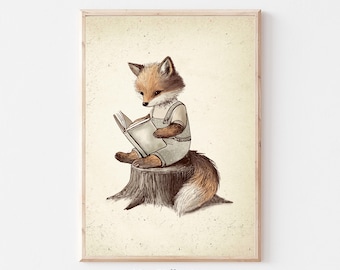 May include: A fox wearing overalls sits on a tree stump and reads a book. The fox has a brown and orange coat and a white chest. The book is open and the pages are white. The tree stump is brown and has a rough texture. The background is a light beige color.