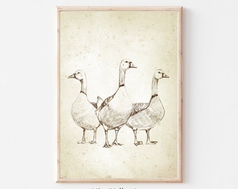 Nursery Decor Print, Vintage geese print, farmhouse wall art Sketch, country Core farm painting, bird Illustration painting