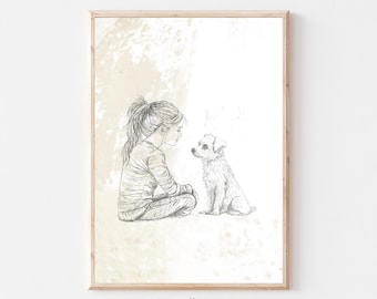 油絵 菅家令子絵 絵画インテリア額付(銀) F3-072819 祈り子犬猫女の子 犬と女の子の保育園アート、子犬のスケッチ、犬のヴィンテージポスター