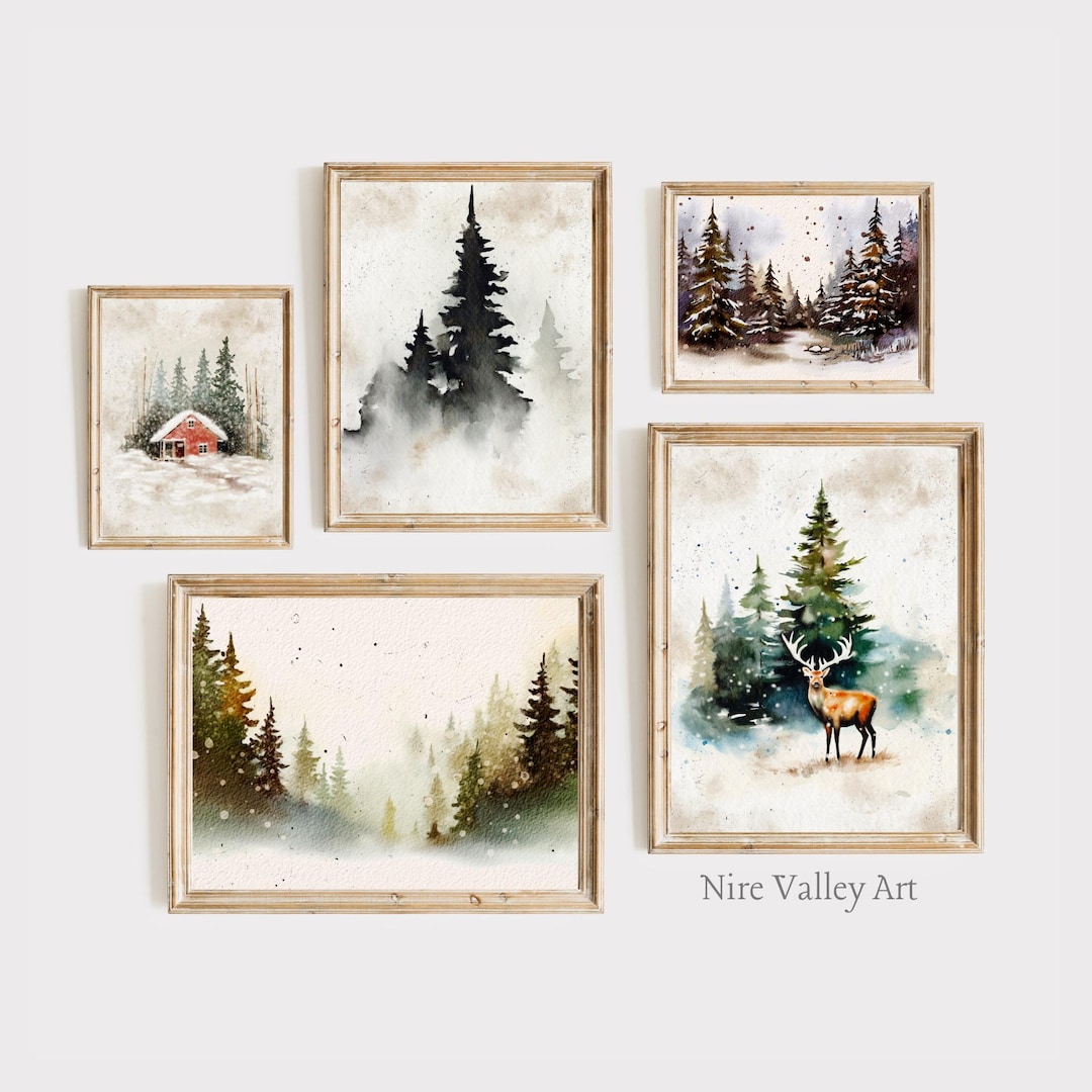 Printable Vintage Christmas Wall Art, Set of 5 Snowy Landscape Prints ...