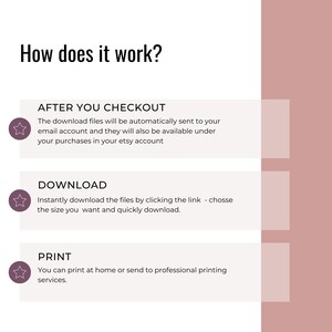 May include: A white background with a pink rectangle on the right side. The left side has a white box with the text "How does it work?" in black. Below the text, there are three white boxes with a star icon and text in black. The first box says "AFTER YOU CHECKOUT", the second box says "DOWNLOAD", and the third box says "PRINT".