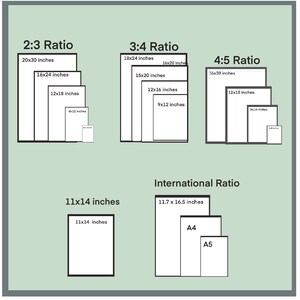 Puede incluir: Un gr&aacute;fico que muestra diferentes proporciones de aspecto para las impresiones, incluyendo 2:3, 3:4, 4:5 y proporciones internacionales. El gr&aacute;fico incluye tama&ntilde;os de impresi&oacute;n comunes en pulgadas, como 20x30, 16x24, 12x18, 18x24, 16x20, 15x20, 12x16, 9x12, 16x20, 12x15, 11x14 y 11,7x16,5 pulgadas.