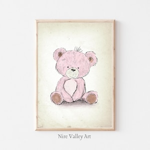 Vintage Nursery Gallery Wall PRINTABLE, Pink Teddy Bear Print, Baby Girl Sketch Art Prints, Vintage Illustration, Baby Girls Room Decor