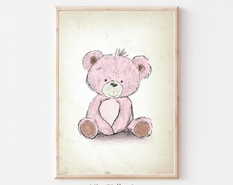 Vintage Nursery Gallery Wall PRINTABLE, Pink Teddy Bear Print, Baby Girl Sketch Art Prints, Vintage Illustration, Baby Girls Room Decor