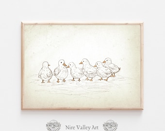 Lámina de guardería de pollitos vintage, galería de animales de granja para imprimir en la pared, boceto neutro, ilustración de guardería de granja, decoración de habitación de bebé con pollos