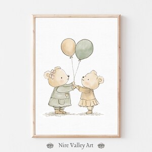 Vintage Teddy Bear Nursery Wall Art Print, Nursery Print, Sage Green Balloon, Boys Sketch Art Printable, Vintage Baby Boy Room Decor