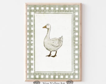Goose Nursery Wall Art, Green Country Vintage Gallery Wall PRINTABLE, Neutral Rustic Sketch Art, Happy Goose