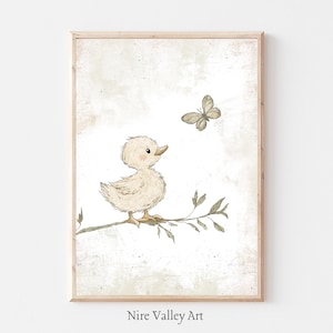 Vintage Nursery Wall Art, Duckling on Branch with Butterfly Print, Printable Gallery Wall Art, Gender Neutral Sketch, Baby Room Decor