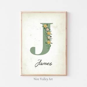 Impresiones de guardería, impresión de nombre inicial personalizada, arte de pared de bebé de flores vintage, signo de nombre de bebé imprimible, carta personalizada para guardería