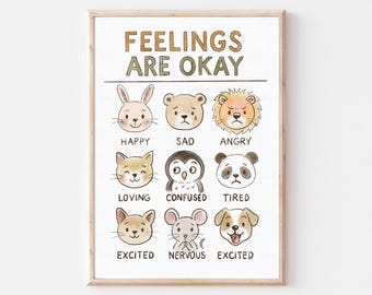 Feelings Chart For Kids, Emotions Poster With Animals, Social Emotional Learning Wall Art, Calm Down Corner Printable, Classroom Decor
