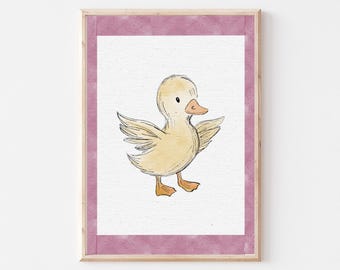 Arte de pared de pato para guardería, decoración vintage rosa para guardería, imprimible de galería, estampado rosa de bebé, decoración de habitación de bebé, descarga digital