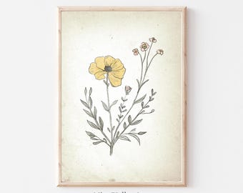 保育園のヴィンテージフラワープリント、黄色の野生の花、ヴィンテージ