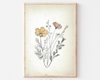 May include: A digital illustration of a bouquet of yellow and pink wildflowers with green stems and leaves on a cream background.