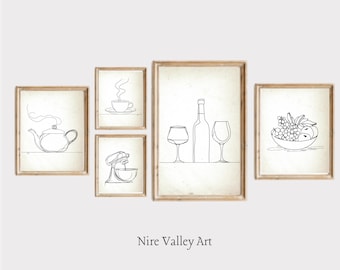 Kitchen Wall Art Set of 5, Line Drawing Kitchen Prints, Mixer Print, Kitchen Decor, Line Art, Food Drink Print, Dining room wall decor,