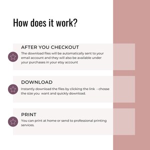 May include: A white and pink graphic with the text "How does it work?" and three steps for downloading and printing digital files: "After you checkout", "Download", and "Print".