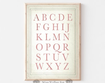 Vintage Pink Alphabet Nursery Print, Nursery Wall Art Prints , Gallery Wall PRINTABLE, Neutral Nursery Sketch, Digital Download, ABC's Print
