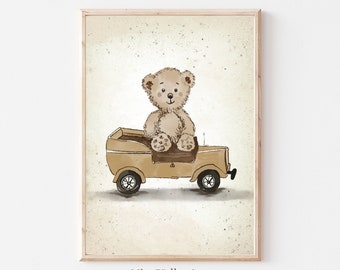 Impressão de pelúcia vintage, carro de berçário para impressão, arte de parede neutra de gênero, ilustração de urso vintage, esboço de decoração de quarto de bebê