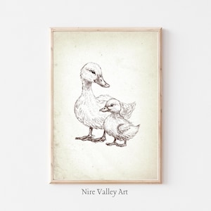 Vintage Mother Duck and baby Duck Print, Nursery Gallery Wall Printable, Gender Neutral Sketch , Farmhouse Illustration, Baby Room Decor