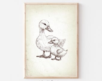 Vintage Mother Duck and baby Duck Print, Nursery Gallery Wall Printable, Gender Neutral Sketch , Farmhouse Illustration, Baby Room Decor