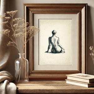 May include: A black and white line drawing of a person sitting with their back to the viewer. The drawing is framed in a gold frame and is hanging on a wall.