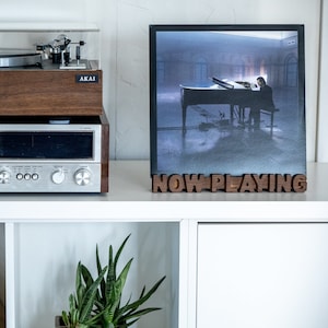 Oak Wood &#39;Now Playing&#39; Record Stand - Vinyl Display