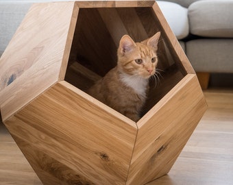 Meubles modernes pour animaux de compagnie en bois massif naturel, lit troglodytique pour chat, meubles polyvalents pour animaux de compagnie, cadeau pour chat, table d'appoint en bois de frêne et de chêne, grotte de chat en chêne