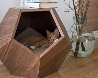 Modern walnut tree veneered mdf cat bed Cat cave premium Designer cat bed Wooden pet furniture Geometric side table