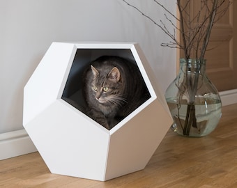 Modern white painetd mdf cat bed Cat cave premium Designer cat bed Wooden pet furniture Geometric side table