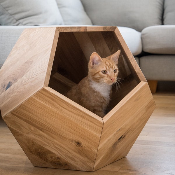 Meubles modernes pour animaux de compagnie en bois massif naturel, lit troglodytique pour chat, meubles polyvalents pour animaux de compagnie, cadeau pour chat, table d'appoint en bois de frêne et de chêne, grotte de chat en chêne