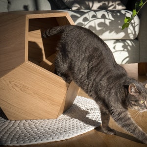 Lit de chat moderne en mdf plaqué chêne Cave à chat premium Lit de chat design Meubles en bois pour animaux de compagnie Table d'appoint géométrique image 2