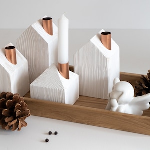 Modern Advent wreath Wooden Advent candle holders house rustic white hand brushed set of 4 + additional oakwood advent candle tray.