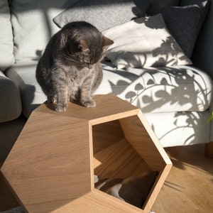Lit de chat moderne en mdf plaqué chêne Cave à chat premium Lit de chat design Meubles en bois pour animaux de compagnie Table d'appoint géométrique image 1