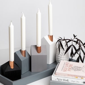 Advent wreath modern Wooden candle holders house set of 4 + gray wooden advent candle tray. Centerpiece.