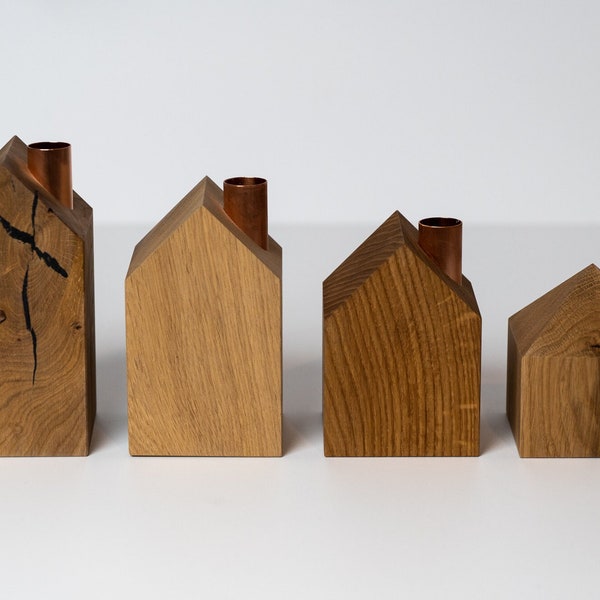 Modern  rustic style  Oak wood candle holders set of 4 .  Wooden house decor. Different heights. Advent wreath