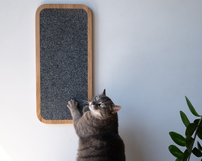 Modern Wall Mount Cat Scratcher: Oak Wood & Carpet