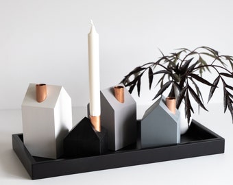 Wooden candle holders house set of 4 + balck  wooden plate rectangle. Different heights and colors.