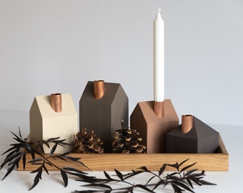 Modern Advent wreath Wooden Advent candle holders house warm Earth tones set of 4 + additional oakwood advent candle tray.