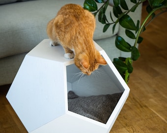 Modern White Oak Cat Bed: Geometric Side Table, Pet Furniture