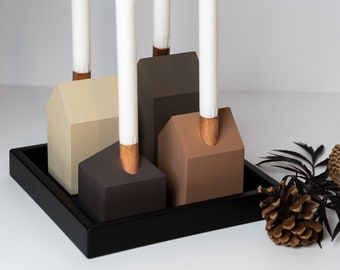 Advent wreath modern Wooden candle holders house set of 4 + black wooden advent candle tray square. Centerpiece.