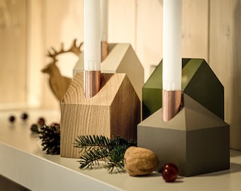 Modern Advent wreath Wooden Advent candle holders house warm Forest tones set of 4 + additional oak wood advent candle tray.