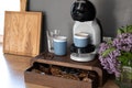 Oak wood Walnut color Coffee Capsule Holder: Solid Oak Coffee Machine Stand